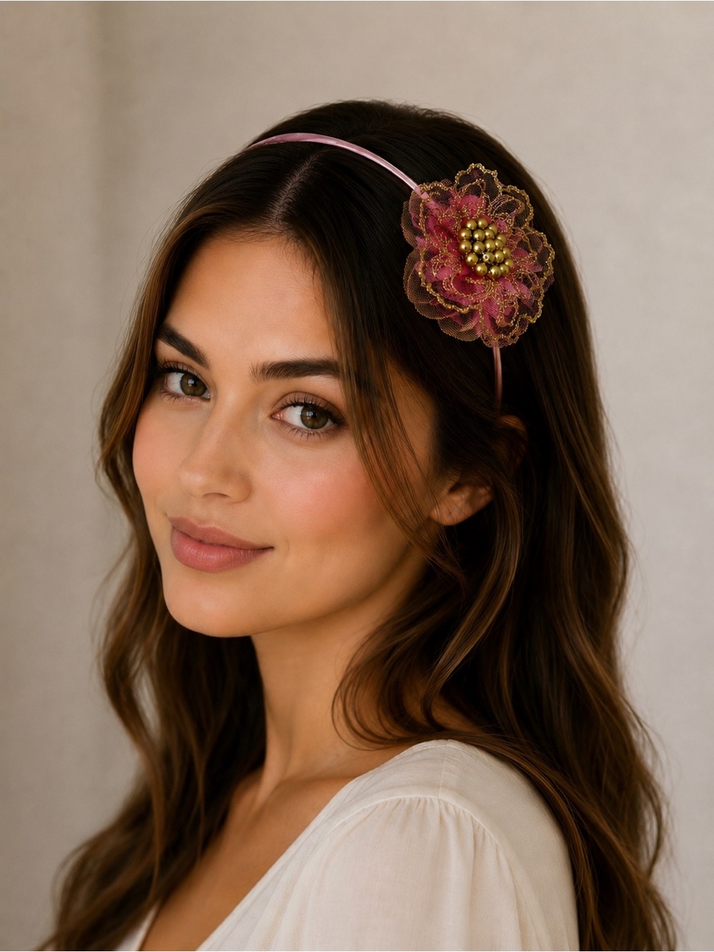 Delicate Pink Floral Headband with Beaded Center